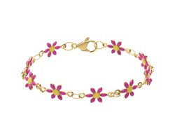 Lucardi - Kinder Stalen goudkleurige kinderarmband met roze madeliefjes - Armband - Staal - Goudkleurig - 17 cm