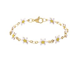 Lucardi - Kinder Stalen goudkleurige kinderarmband met wit madeliefjes - Armband - Staal - Goudkleurig - 17 cm