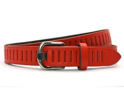 Timbelt Leren Geperforeerde Gleufjes Riem Smal - Breedte 3 cm - Dames en Heren - Echt Leer - Rood - Lengte totaal 110 cm / Riemmaat 95