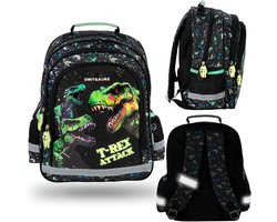 ZWART, RUIMTE schoolrugzak gewatteerd voor jongen, drie compartimenten Reflectoren DINOSAURS 36x29x11cm.
