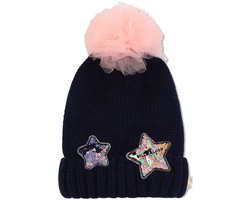 Gebreide muts meisje blauw met tule pompon en glittersterren 4-6 jaar