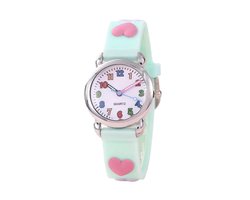 Kinderhorloge - 3D Hartjes Mintgroen | Siliconen | Ø 30 mm