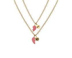 Lucardi Kinder Stalen goldplated kettingset met breekhart roze - Ketting - Staal - Goudkleurig - 43 cm