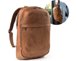 Accezz Leren Laptop Rugzak tot 16 inch - Rugtas Heren & Dames - Laptop Tas met 6 Opbergvakken - Cognac