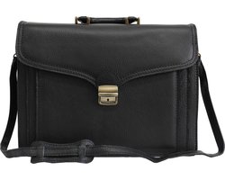 AmbraModa VL501 - Zwarte aktetas, geschikt voor 15 Inch laptop van echt leer - Zwart gekorreld leer