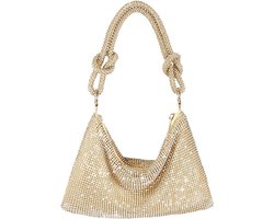 Dames Avondtas Met Strass - Handtas - 25x16cm Glitter Clutch - Voor Feest & Trouw - Met Ajusteerbare Schouderband - Incl. Binnenvak - Goud