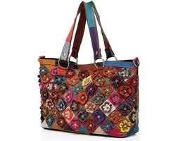 Dames Handtas van Echt Leer met Kleurrijke Patchwork en Schouderriem