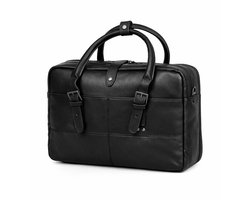 Davidt's Stijlvolle Leren Werktas Zwart - Business Tas - Trendy Aktetas Rundleer - 15.6 inch Laptoptas - Veel Vakken