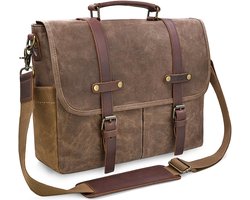 heren schoudertassen, 15.6 inch , aktetas, laptoptas, waterdicht, canvas, groot, werktas, koerierstas, mannen, vintage - bruin