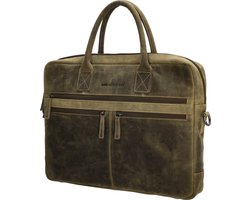 Hide & Stitches Idaho Hand & Schoudertas Laptoptas 15,6 inch - Premium Leder - Business - 100% Leer - Olijfgroen
