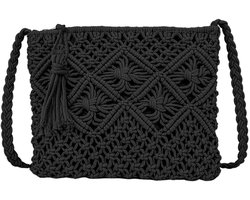 Ibenzoa® Zwarte tas Handgemaakte Schoudertas voor Dames - Compacte Geweven Clutch voor Vakantie en Strand zwart