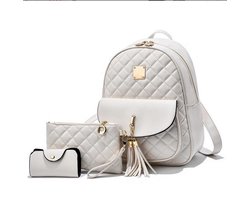 JeiibrZui Leren Rugzak - Diamond Plaid Rugzak met Portemonnee - Gevoerd Ontwerp + Schoudertas - 3-delige Set - Dames Wit