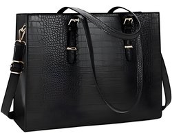 Laptoptas voor vrouwen, 15.6 inch grote dameshandtas, designer zaken-, schouder-, winkel- of kantoortas, Zwart