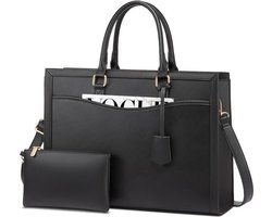 laptoptas/schoudertas voor dames 15.6 inch + klein tasje 41.9 L x 14.7 B x 31.8 H met verstelbare en afneembare schouderriem te gebruiken als handtas,schoudertas,laptoptas,aktetas stijlvol - 6 vakken met ritssluiting PU-leer (zwart)