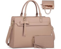 Laptoptassen voor vrouwen, 15,6 inch grote laptoptas, PU-lederen laptophandtas voor dames, met clutch-tas, waterbestendige werktassen, zakelijk, kantoor, school, casual - Roze