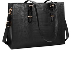 Laptoptassen voor vrouwen, 15,6 inch grote laptoptas, PU-lederen laptophandtas voor dames, met clutch-tas, waterbestendige werktassen, zakelijk, kantoor, school, casual - T - Zwart
