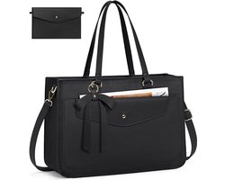 Laptoptassen voor vrouwen, 15,6 inch grote laptoptas, PU-lederen laptophandtas voor dames, met clutch-tas, waterbestendige werktassen, zakelijk, kantoor, school, casual - Zwart