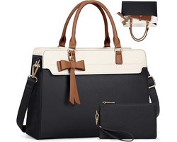 Laptoptassen voor vrouwen, 15,6 inch grote laptoptas, PU-lederen laptophandtas voor dames, met clutch-tas, waterbestendige werktassen, zakelijk, kantoor, school, casual - Zwartwit