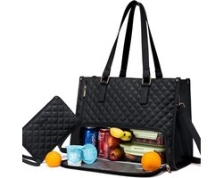 Lunchtas voor vrouwen - 15,6 inch laptoptas met geïsoleerd lunchvak - Gecapitonneerde grote-capaciteit computerhandtas met portemonnee - voor zaken, werk, verpleging, kantoor, universiteit, casual - zwart