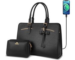 MATEIN Werktas Dames - Schoudertas van Waterdicht PU Leer met USB Oplaadpoort, Inclusief Clutch, Geschikt voor 15.6 Inch Laptop, Zwart