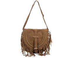 Modieuze tas met kwastjes, retro zadeltas met kwastjes, handgemaakt suède-achtig leer, bruin, 27x5x27 cm