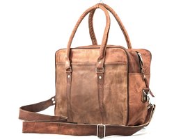 Satchel Messenger Tas van Echt Leer - Ruwe Urban Vintage Look – Cognac Bruin - 37x27x10cm – A4 documenten/Laptop 15 inch – Miramar Model 049