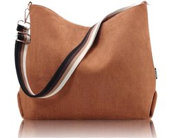 Selbro®, Corduroy Tote Bag voor dames, grote schoudertas met rits, verstelbare riem en zakken, waterdichte handtas voor werk, school, winkelen, reizen, universiteit, bruin
