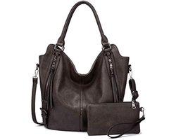 Selbro®, Dames handtassen, grote shopper, leren handtas, schoudertas, portemonnee, hobo damestassenset voor kantoor, school, winkelen, reizen, 2 stuks, grijs/bruin, groot, grijs, L