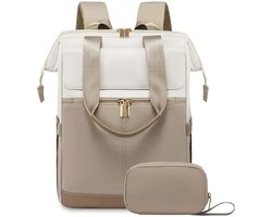 Sjtoer® Rugzak met tasje - Schooltas - Handbagage vliegtuig - Laptop - Beige creme - Laptoptas - 15.6 inch - Waterbestendig - Rugtas voor dames/meiden - Portemonnee, make-uptas, handtas - 2-delige set - Feestdagen - Sinterklaas - Kerst - Cadeau