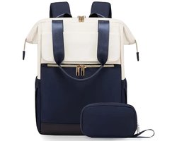 Sjtoer Rugzak met tasje - Schooltas - Handbagage vliegtuig - Laptop - Blauw Wit - Laptoptas - 15.6 inch - Waterbestendig - Rugtas voor dames/meiden - Portemonnee, make-uptas, handtas - 2-de - Feestdagen - Sinterklaas - Kerstmis - Cadeaulige set