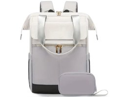 Sjtoer Rugzak met tasje - Schooltas - Handbagage vliegtuig- Laptop - Grijs Wit - Laptoptas - 15.6 inch - Waterbestendig - Rugtas voor dames/meiden - Portemonnee, make-uptas, handtas - 2-delige set - Feestdagen - Sinterklaas - Kerstmis - Cadeau