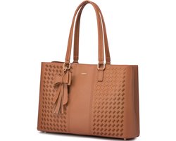 SLC Collection – Dames - Laptoptas - Bruin - Geweven Reliëfpatroon - Werktas – Schooltas – Handtas - Laptop 15,6 inch – PU Leer - Stijlvolle Tas voor Werk, School & Zakelijk Gebruik