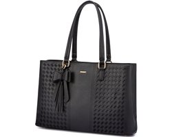 SLC Collection – Dames - Laptoptas - Zwart - Geweven Reliëfpatroon - Werktas – Schooltas – Handtas - Laptop 15,6 inch – PU Leer - Stijlvolle Tas voor Werk, School & Zakelijk Gebruik