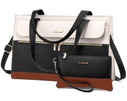 SLC Collection Luxe Dames Laptoptas - Zwart - Bruin - Beige - PU Leer & Nylon - 15,6 inch - Inclusief gratis Clutch - Waterdicht - 42x30x13 cm - Werktas - Schooltas - Handtas – Schoudertas - 03M - Aktetas