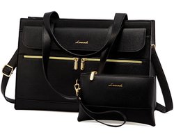 SLC Collection Luxe Dames Laptoptas - Zwart - PU Leer & Nylon - 15,6 inch - Inclusief gratis Clutch - Waterdicht - 42x30x13 cm - Werktas - Schooltas - Handtas – Schoudertas - 01M - Aktetas