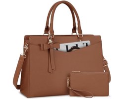Stunq® Luxe Dames schoudertas met strik Laptophandtas – Elegante Multifunctionele Shopper met Laptopvak en Organizers – Perfecte Handtas voor Werk, Kantoor en Dagelijks Gebruik Aktetas Bruin
