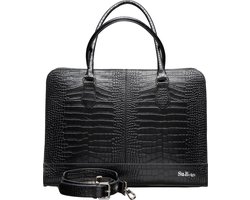 Su.B Laptoptas 15 6 inch - Handtassen Dames- Kroco Print Leer- Schoudertas met Laptopvak - Zwart