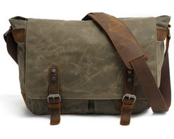 Tas – Briefcase – Heren Schoudertas – Vintage Echt Leer & Gewaxte Canvas – Voor 14" Laptop – Groen