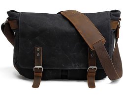 Tas – Briefcase – Heren Vintage Schoudertas – Leer & Canvas – Laptopvak 14" – Zwart