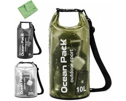 Waterdichte Dry Bag met Sneldrogende Handdoek, Verkrijgbaar in 5, 10 en 20 Liter, Ideaal voor Outdoor Activiteiten, Rolltop en Schouderband (Olijfgroen, 10 Liter)
