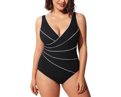 Allecto plus - Afslankend badpak voor dames met bies in grote maten - Zwart - Trendy design - Figuurcorrigerend - Sneldrogend materiaal