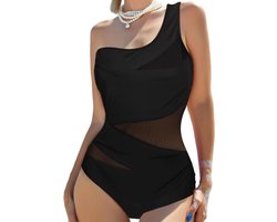 Allecto Plus - Badpak met Mesh Schouderbanden en Buikcontrole - Asymmetrische Plooien - Voor Strandvakantie en Zwembadfeest - Maat 3XL.