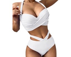 Allecto Plus - Hoge taille badpak voor vrouwen - Bikini set met wikkelbikini - Push-up badpak met diepe V-hals - Sportieve strandbikini met criss cross string.