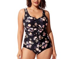 Allecto plus - Ingebouwde cup voor dames grote maten badpak met rits aan de voorkant - Bloemenprint - Maat 52