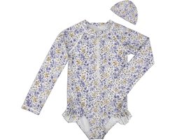 Allecto Plus - Meisjes badpak met lange mouwen, UV-bescherming 50+, zonnehoed, bloemenpatroon