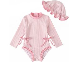 Badpak voor babymeisjes, badkleding voor peuters, meisjes, badkleding met hoed, lange mouwen, kliksluiting en ritssluiting, Roze streep, 12-18 maanden