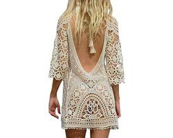 Dames bikini cover up met kanten details voor strand, boho stijl, beige, zomerjurk - Eén maat