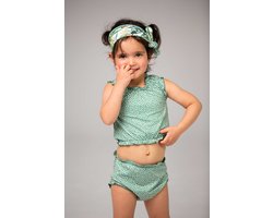 Ducksday - Omkeerbare baby tankini met haarlint - voor meisjes - UPF 50+ - Driedelige zwemset - Toucan - Tropisch groen - Maat 74