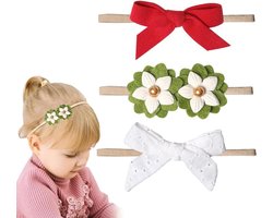 Hoofdbanden 3 stuks babyhaarelastiekjes handgemaakte fluwelen strikken bloemen pasgeborenen (groen, wit, rood)UV zonbescherming zwemkleding meisjes, zwemshirt en zwembroek set, zwempak met lange mouwen en zwemluier voor peuters en kleuters