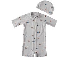 Il Bambini - UV-Zwempak - swimsuit met mutsje - UPF50+ - Grijs/blauw met voertuigen - maat 86/92